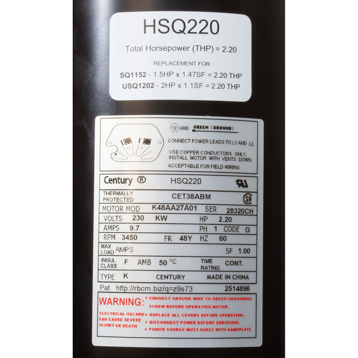 Motor, Century Cent PRO, 2.2hp, 230v, 1-Spd, SQFL, 48Yfr, Thd : HSQ220