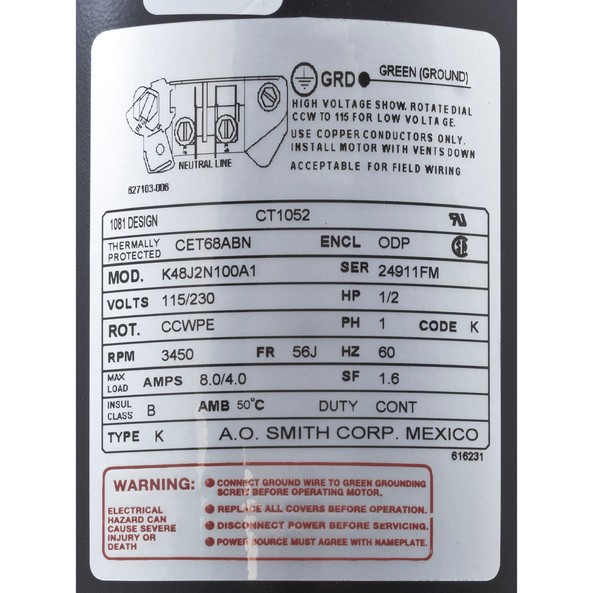 Motor, Century, 0.5hp, 115v/230v, 1-Spd, 56Cfr, C-Face Thd, EE : CT1052