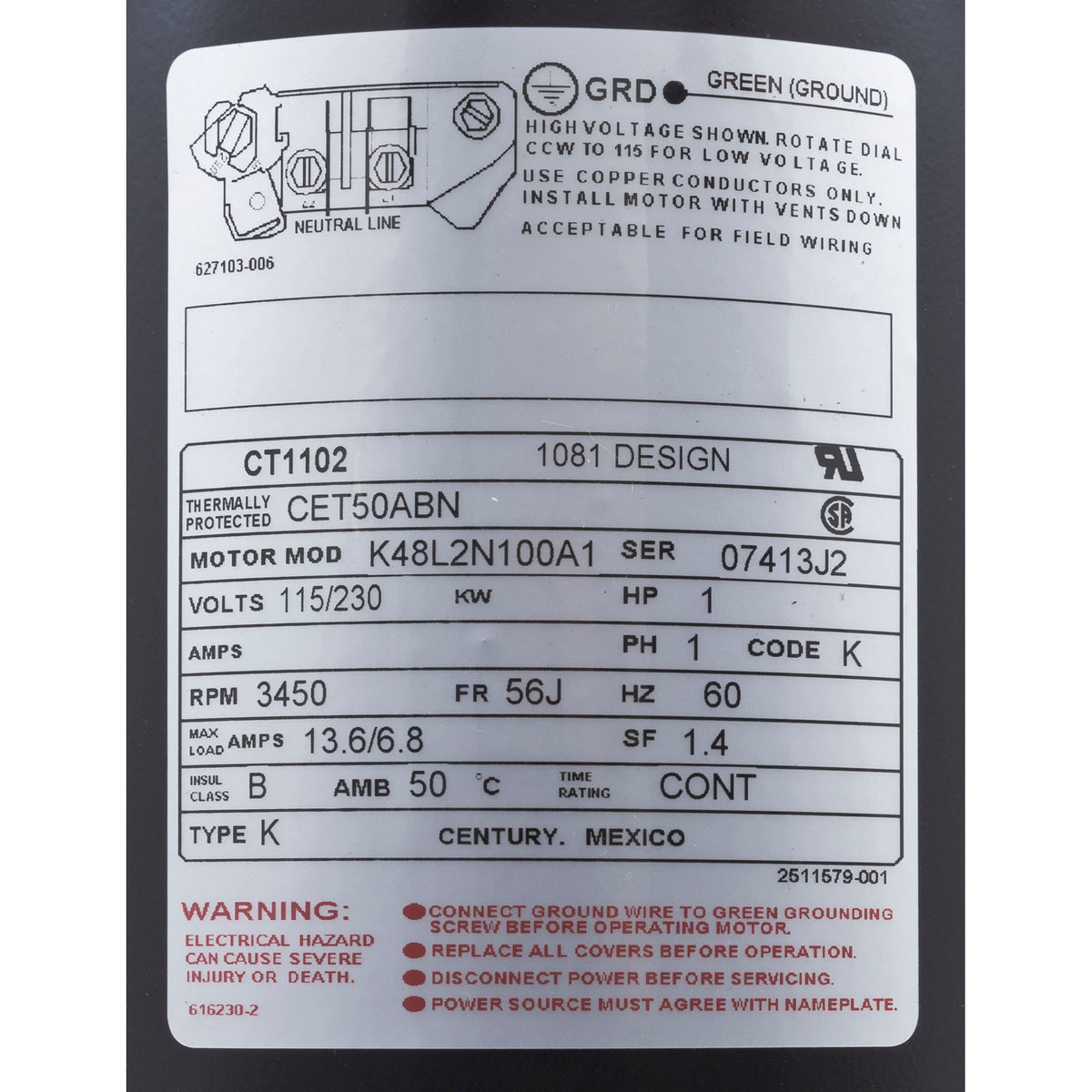 Motor, Century, 1.0hp, 115v/230v, 1-Spd, 56Cfr, C-Face, Thd, EE : CT1102