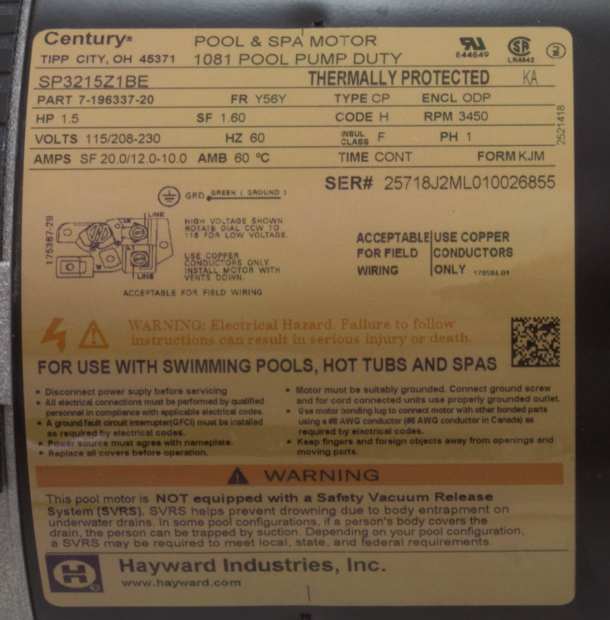 Motor, Hayward TriStar, 1.5hp, 1Spd, 115v/208-230v, SQFL, Refurb : SPX3215Z1BER