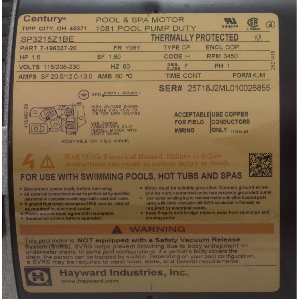 Motor, Hayward TriStar, 1.5hp, 1Spd, 115v/208-230v, SQFL, EE, Full : SPX3215Z1BER