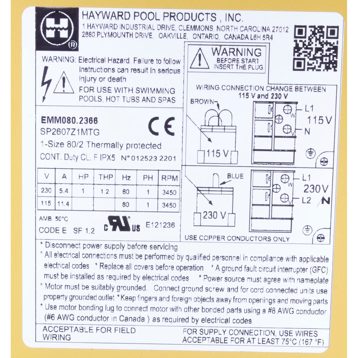 Motor, Hayward Super Pump, 1.0 HP, C FLG, TEFC : SPX2607Z1MTG