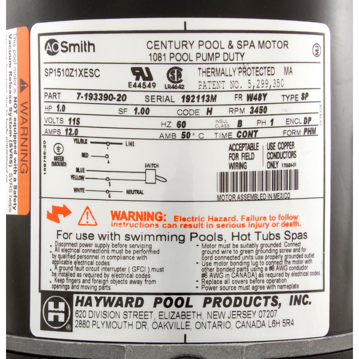 Motor, AO Smith, 1.0hp, 1-Spd, w/Switch, Matrix : SPX1510Z1XE