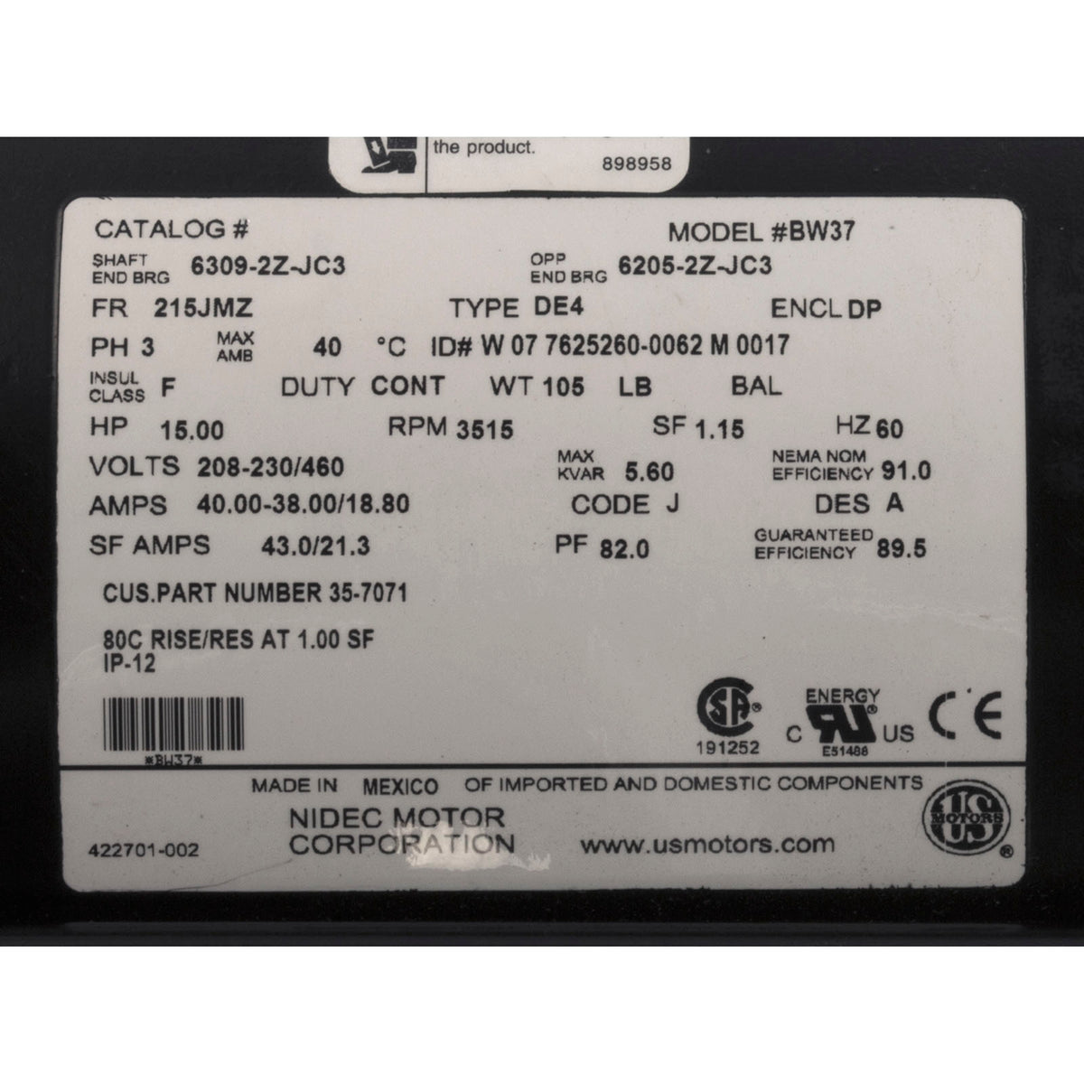 Motor, US Motor, 15 Horsepower, Three Phase, 208/230/460v : EEQK1500