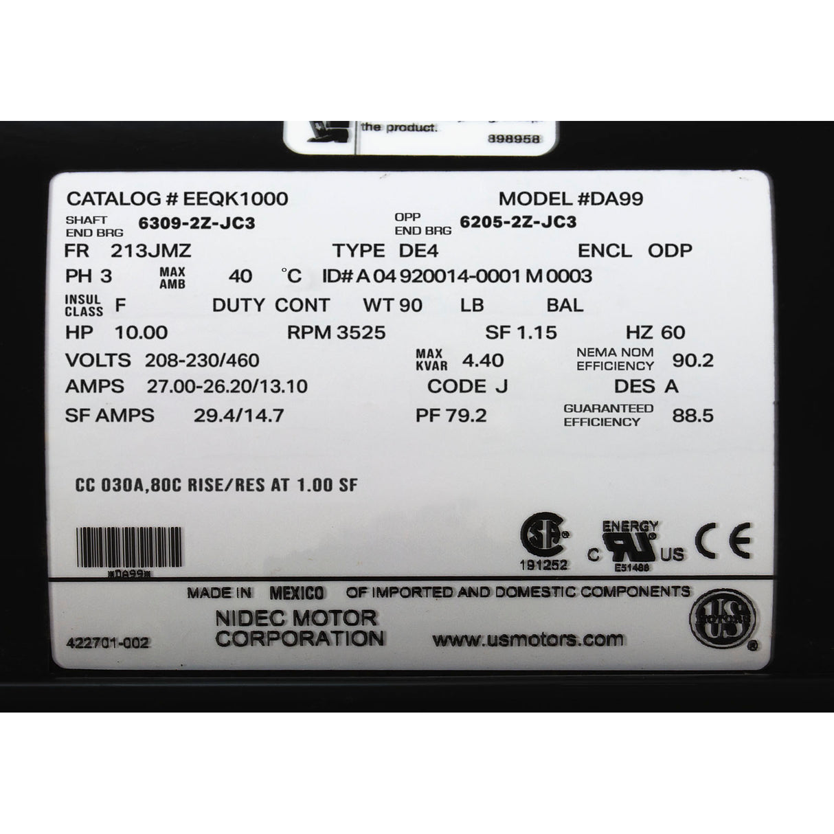 Motor, US Motor, 10 Horsepower, Three Phase, 208/230/460v : EEQK1000