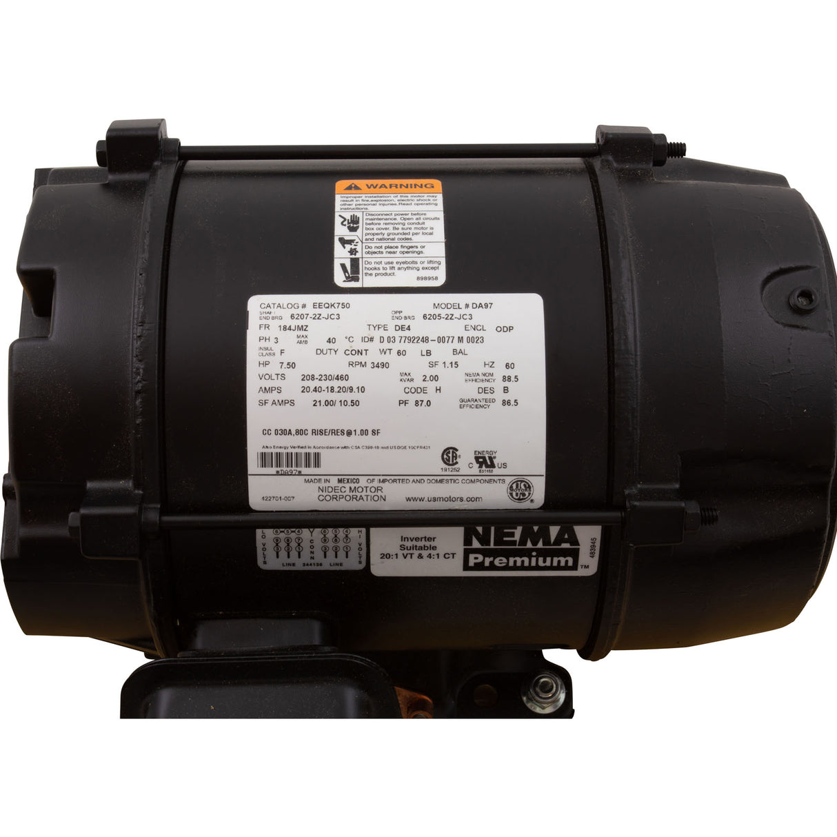 Motor, US Motor, 7.5hp, 208-230v/460v, 1-Speed, 3 Phase : EEQK750 - Nidec Motor Corp/US Motors - 786382110703 - PartsForSpas.com