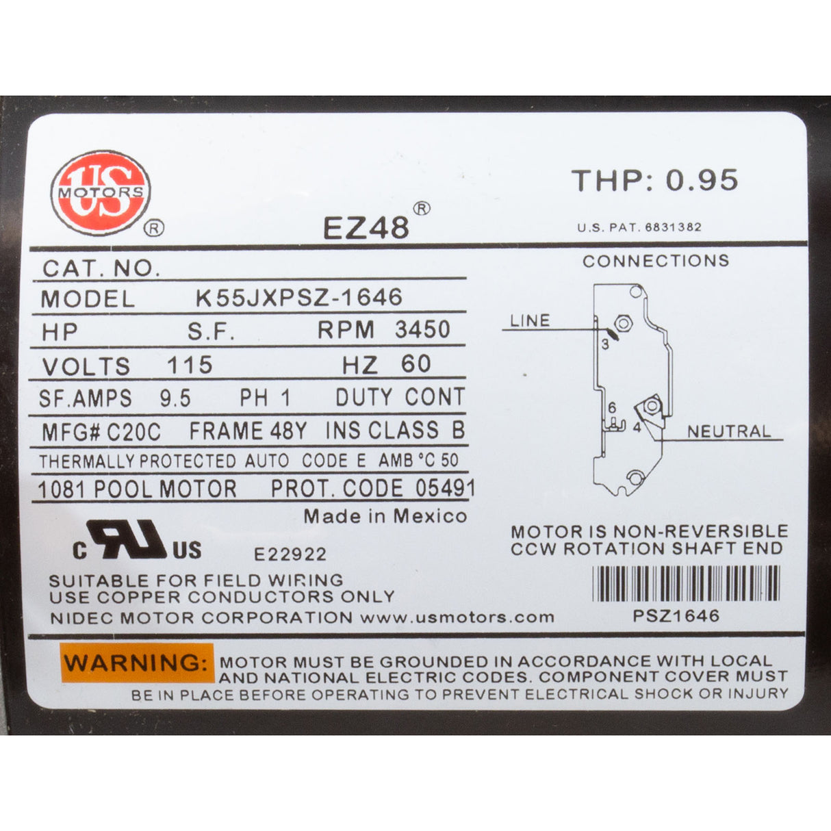 Motor, US Motor/WW, 1.0hp, 115v, 1-Speed, 48 Frame :