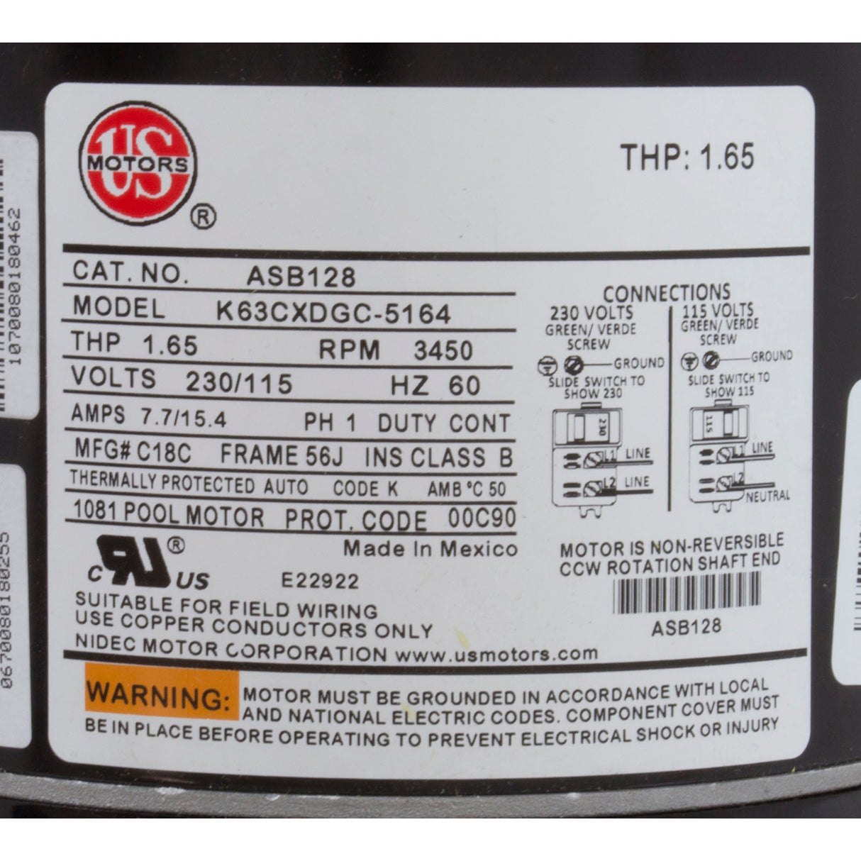 Motor, US Motor, 1.0 Horsepower, Threaded, Fullrate, 115/230 : ASB128
