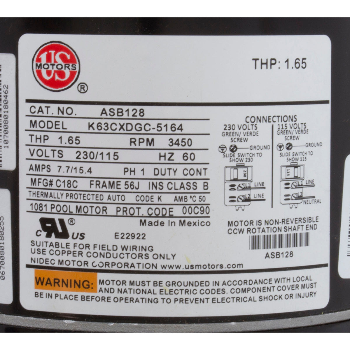Motor, US Motor, 1.0 Horsepower, Threaded, Fullrate, 115/230 : ASB128