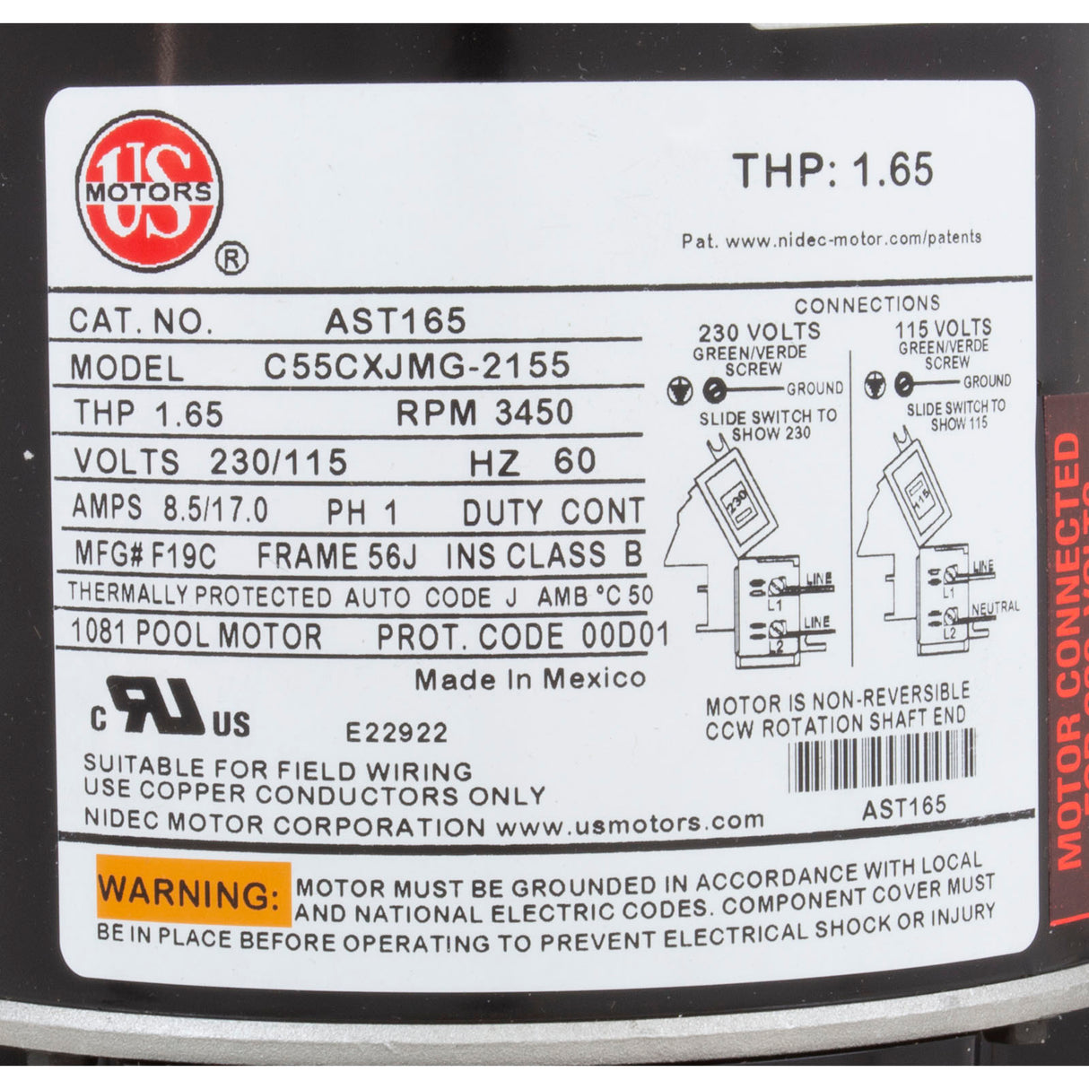 Motor, US Motor, 1.0hp, Threaded, Fullrate, 115/230v, 56J : AST165