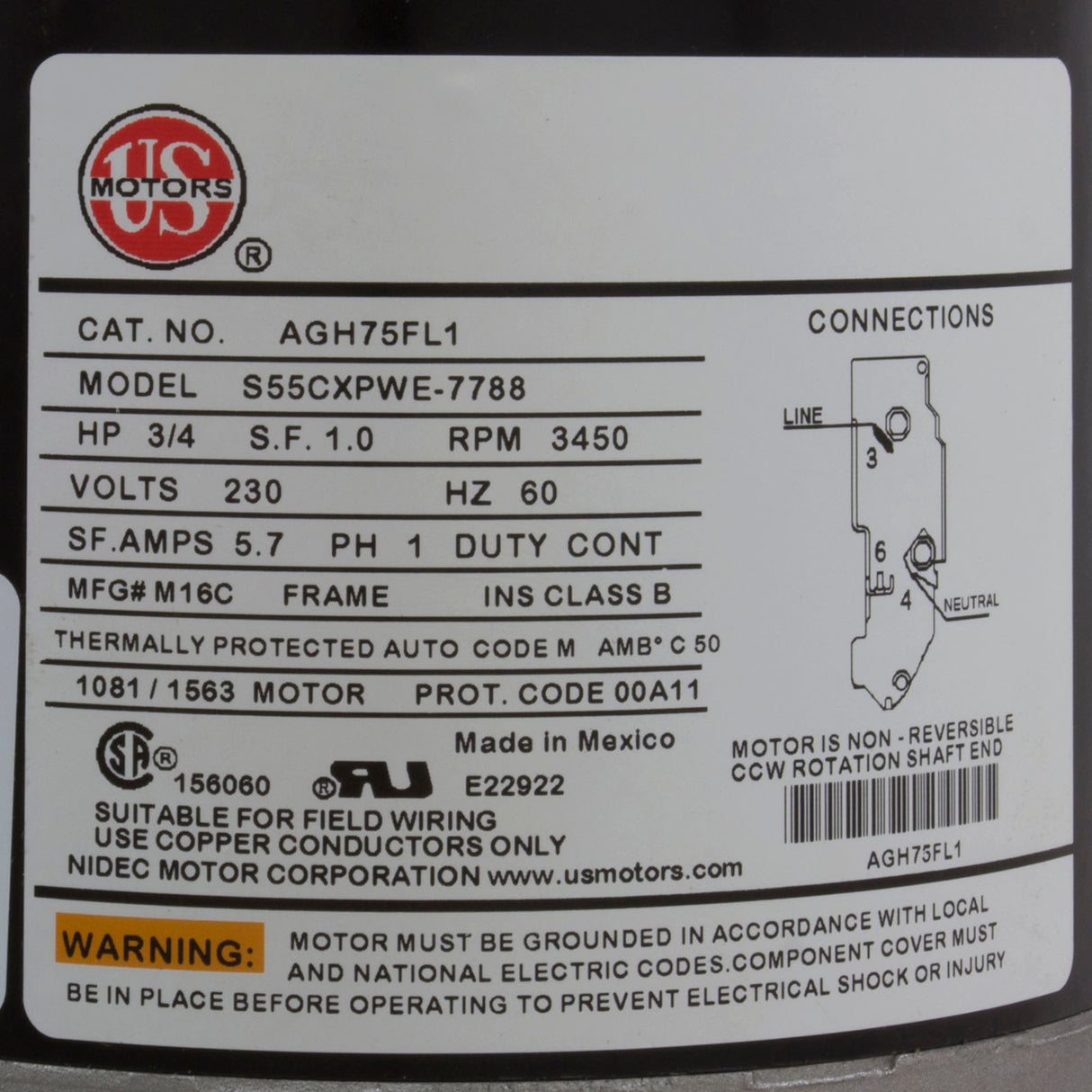 Motor, US Motor, 0.75 Horsepower, ThruBolt, 1-Speed, 230v, 5.7A : AGH75FL1