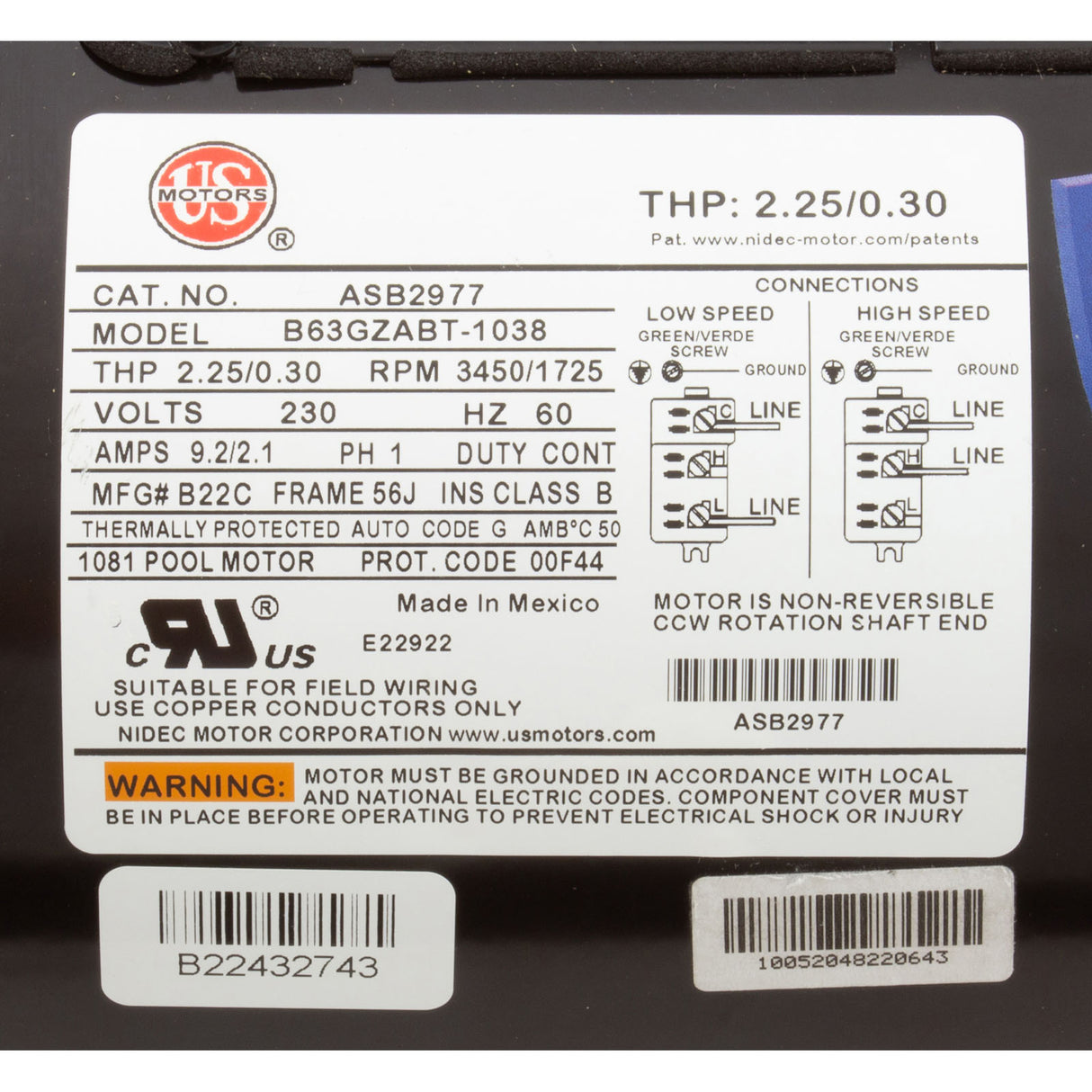 Motor, US Motor, 1.5hp, 230v, 2-Spd, 56JFr, C-Face, Full : ASB2977