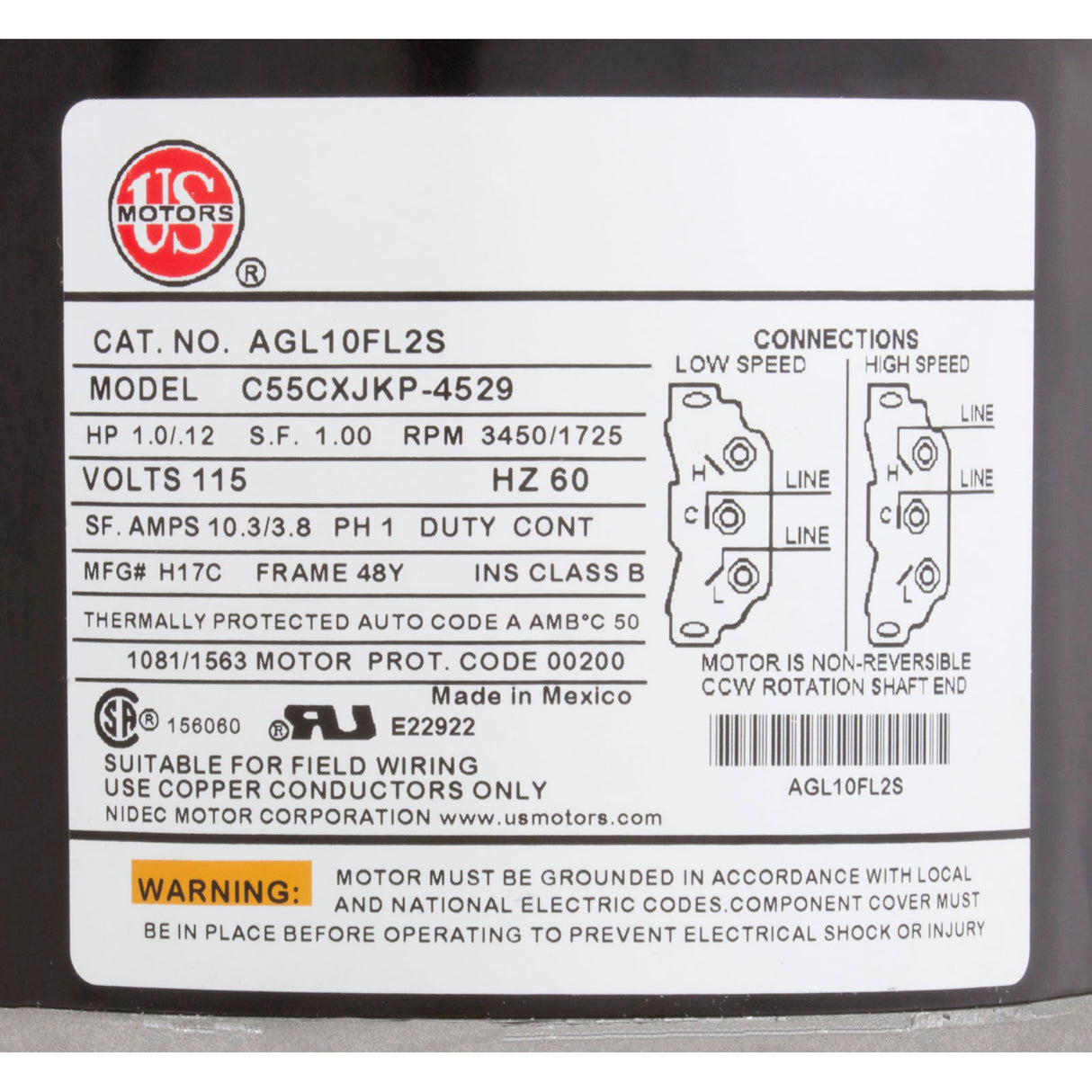 Motor, US Motor, 1.0 Horsepower, ThruBolt, 2-Speed, 115v, 48Y : AGL10FL2S
