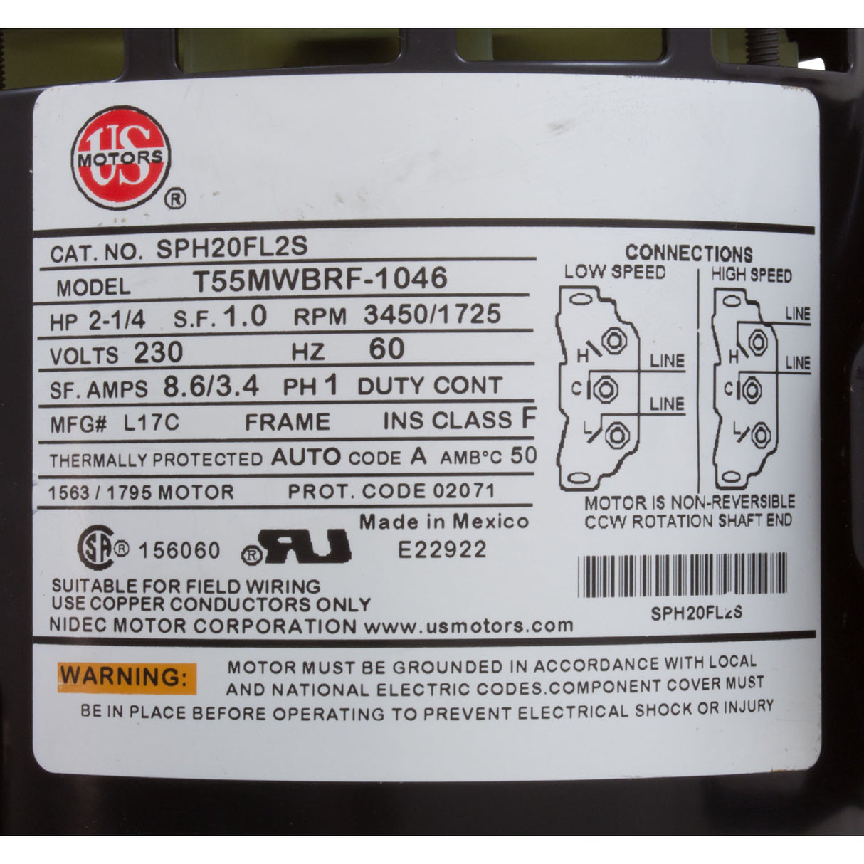 Motor, US Motor, 2.0 Horsepower, ThruBolt, 2-Speed, 230v, 48Y : SPH20FL2S