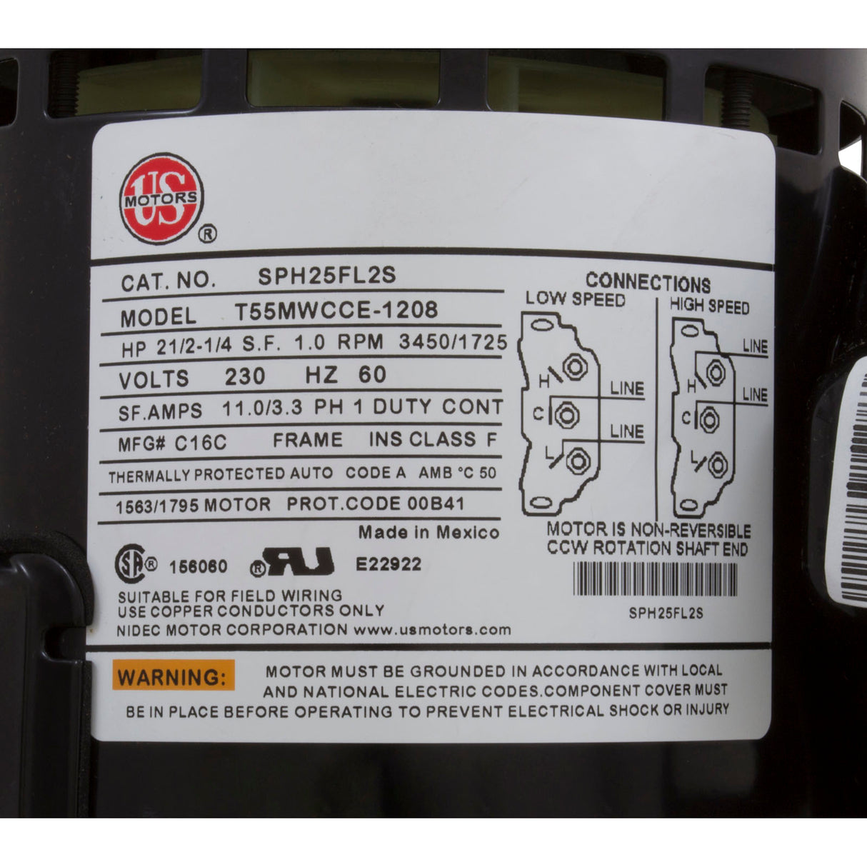 Motor, US Motor, 2.5 Horsepower, ThruBolt, 2-Speed, 230v, 48Y : SPH25FL2S