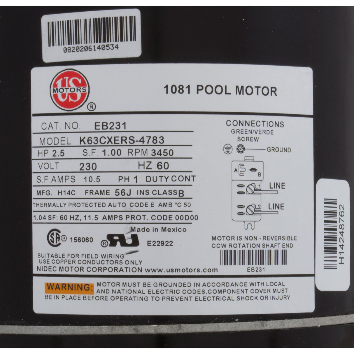 Motor, US Motor, 2.5 Horsepower, C-Face, 230v, Uprated : EB231