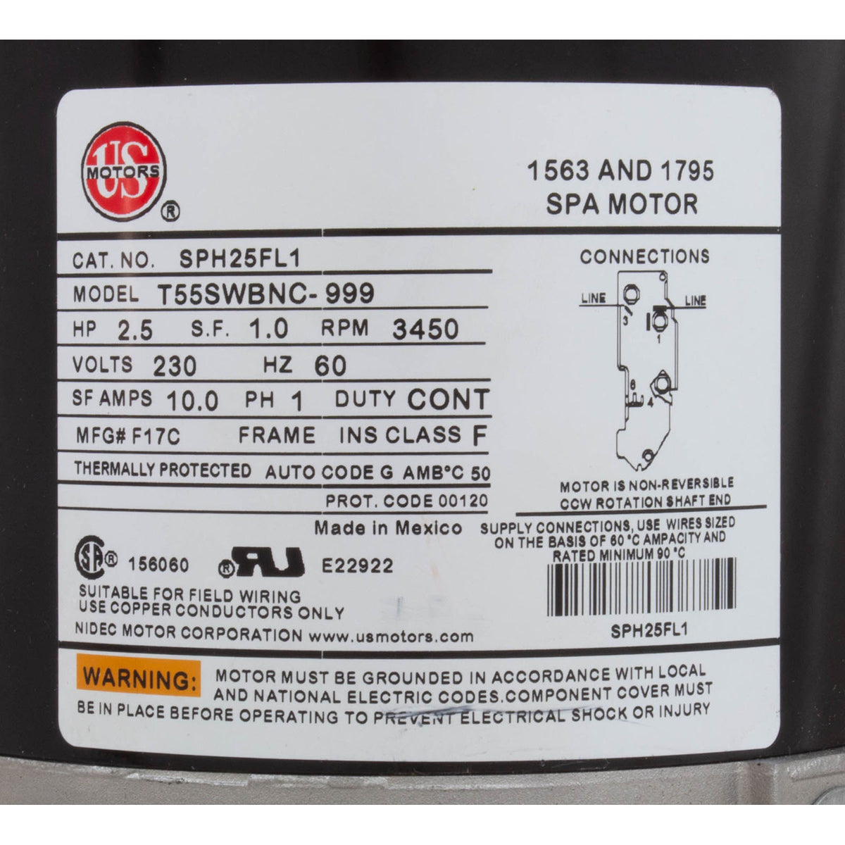 Motor, Nidec/US Motor, 2.5hp, 230v, 1-Speed, 48Y Frame : SPH25FL1
