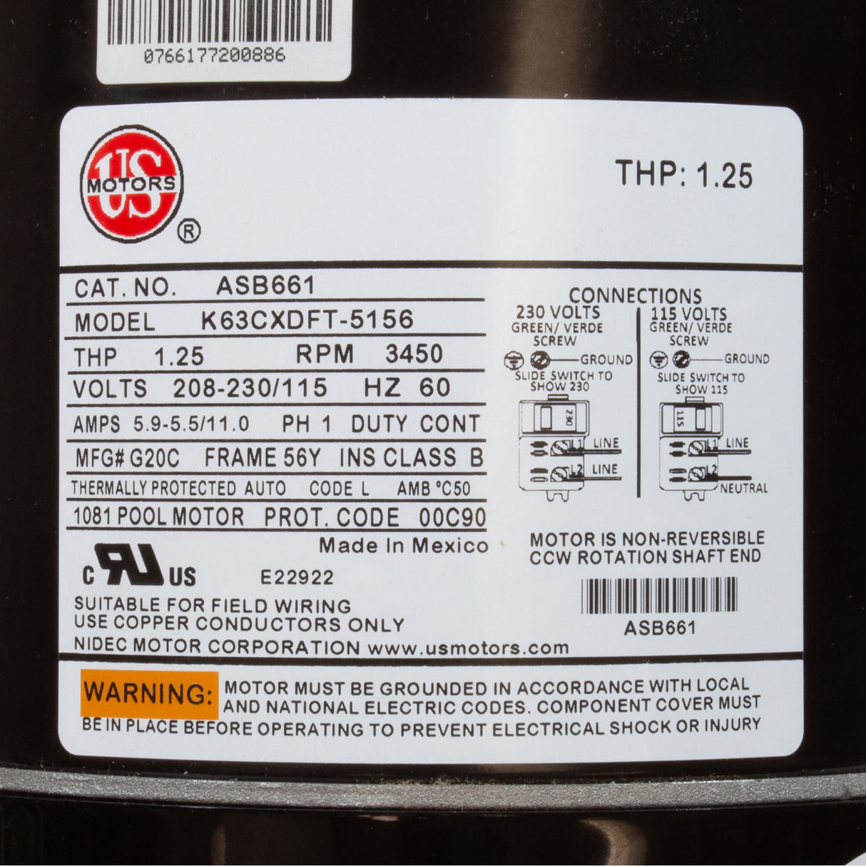 Motor, Nidec/USMtr, 0.75hp, 115/230v, 1Spd, 56Yfr, SQFL, Full, EE : ASB661