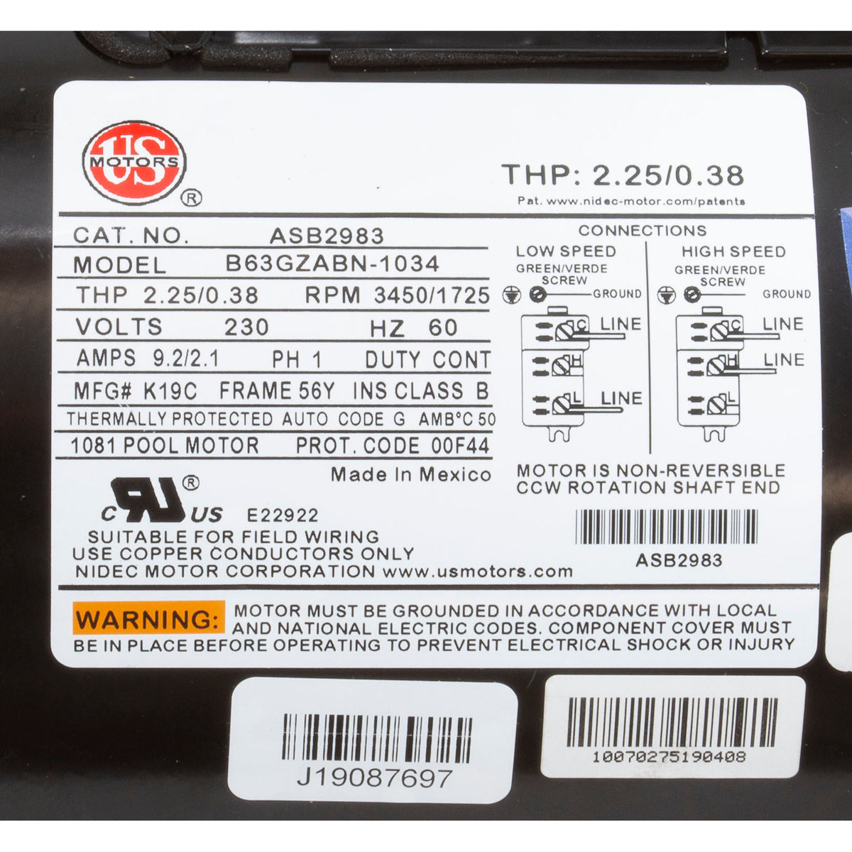 Motor, US Motor, 1.5hp, 2-Spd, 230v, 56YFr, SQFL, Full Rate, PE : ASB2983