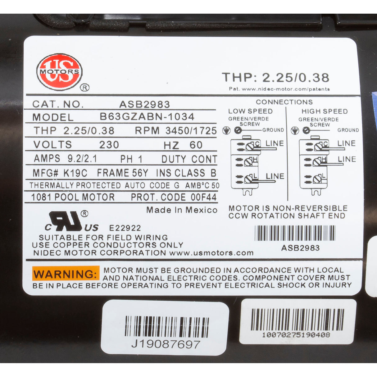 Motor, US Motor, 1.5hp, 2-Spd, 230v, 56YFr, SQFL, Full Rate, PE : ASB2983