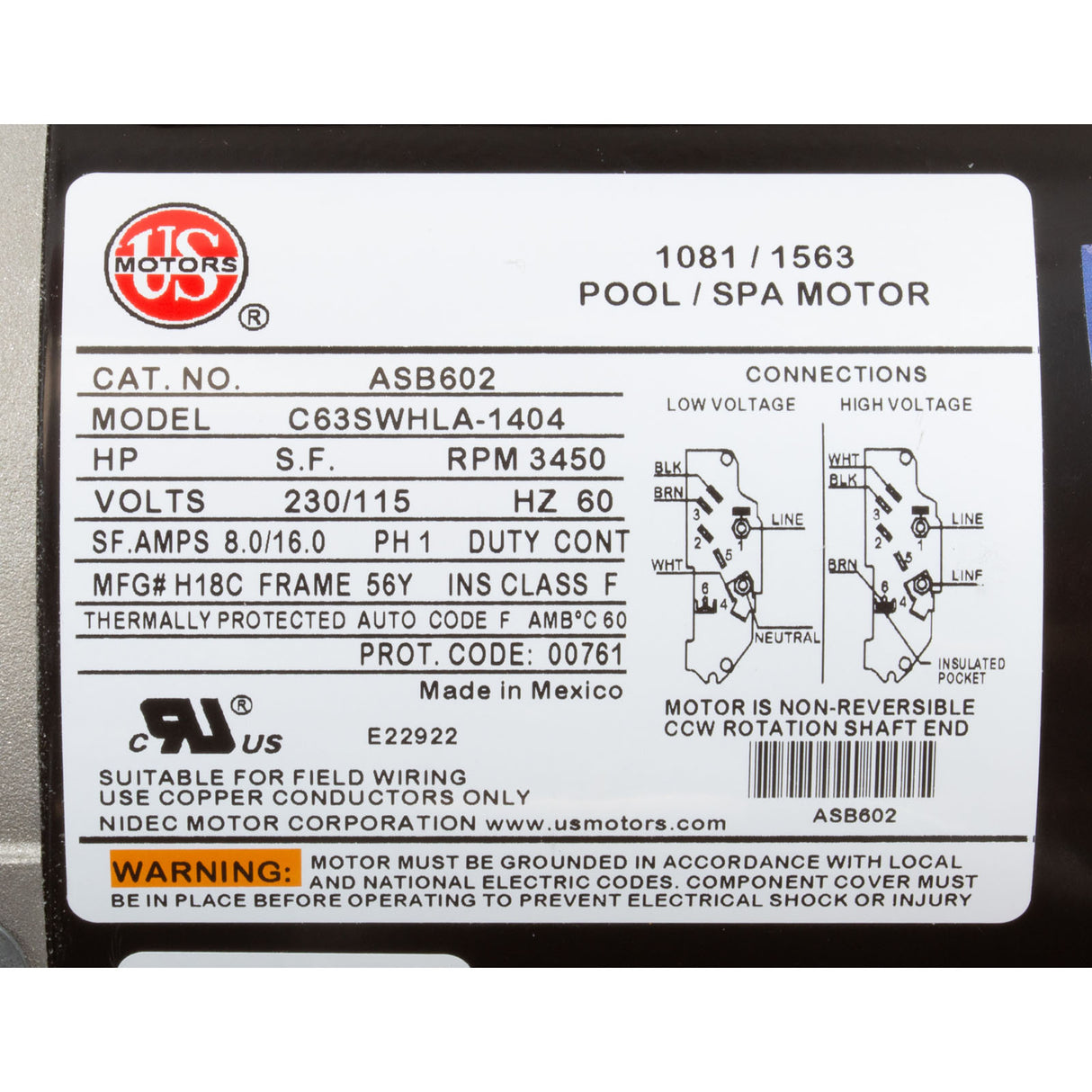 Motor, Nidec/US Motor, 1.5hp, 115v/230v, 1-Spd, 56Y Frame : ASB602