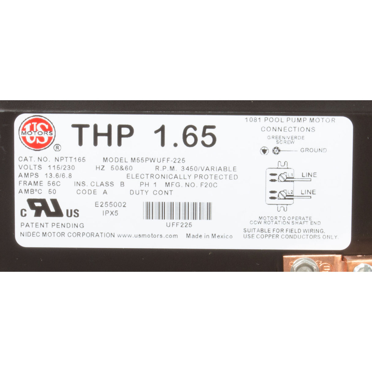 Motor, US Motor Neptune, 1.25thp, SQFL, Var-Spd, 115/230v, 48Y : NPTQ125