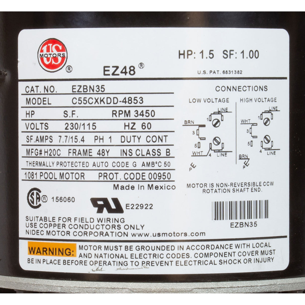 Motor, Nidec/US Motor, 1.5hp, 115v/230v, 1-Spd, 48Y Frame : EZBN35