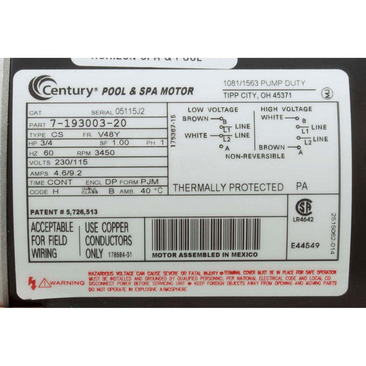 Motor, Century, 0.75thp, 115v/230v, 1-Spd, 48fr : 0819300300