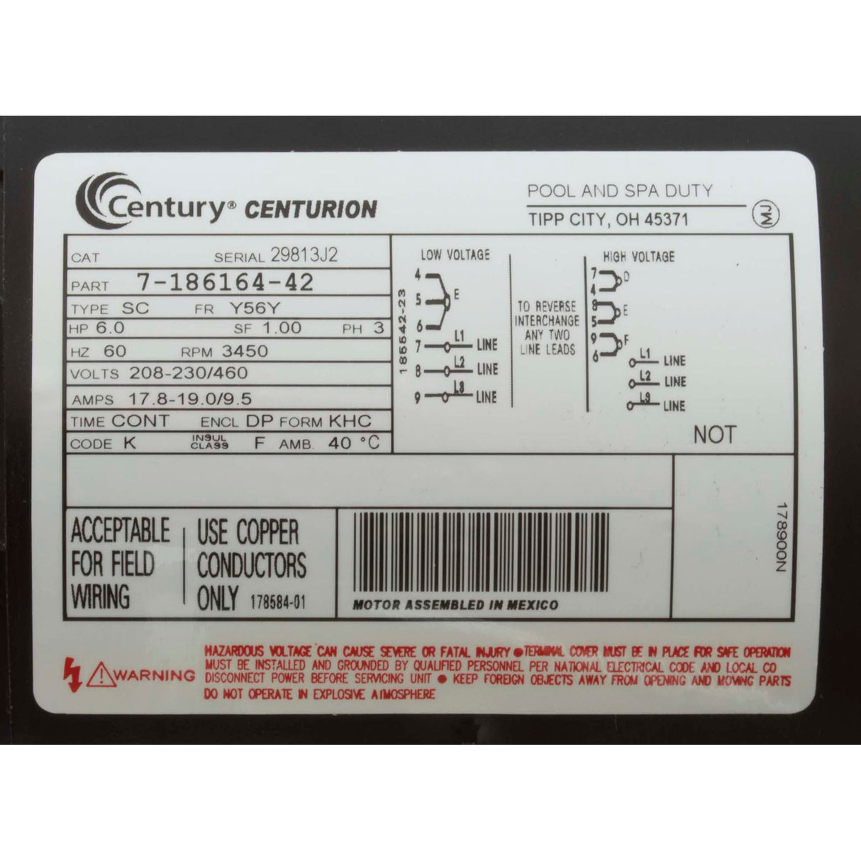 Motor, Century, 6.0thp, 208v-230v/460v, 3ph, 1-Spd, 56Cfr Thd : 0818616400 - Speck Pumps - 0818616400 - PartsForSpas.com