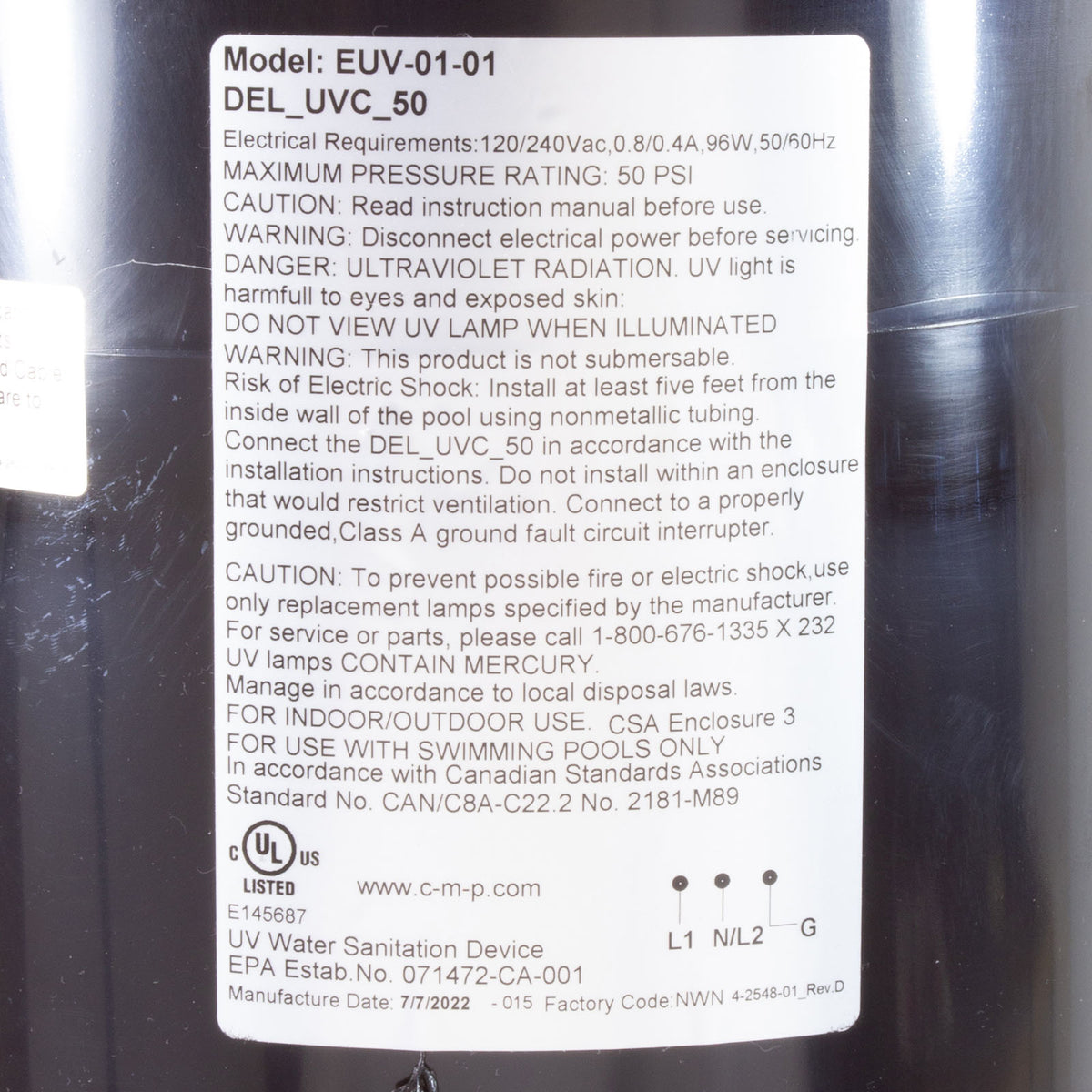 UV Sanitizer, Del Ozone UV-C 50, 115v/230v, Up To 50k Gallons : EUV-01-01