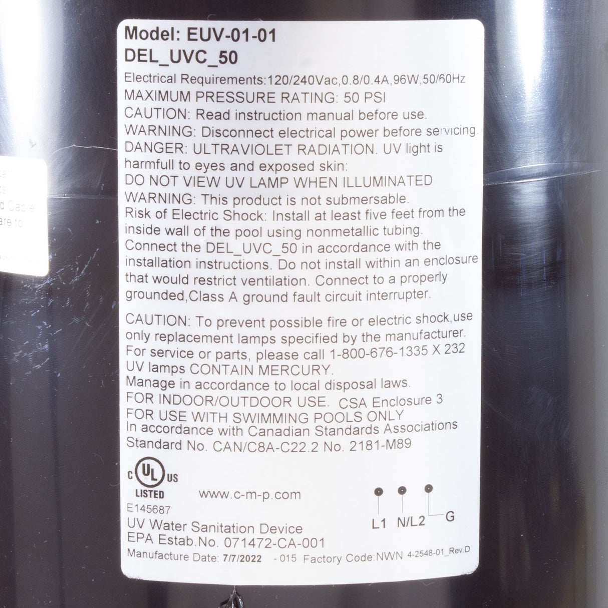 UV Sanitizer, Del Ozone UV-C 50, 115v/230v, Up To 50k Gallons : EUV-01-01 - Del Ozone - 849640034460 - PartsForSpas.com