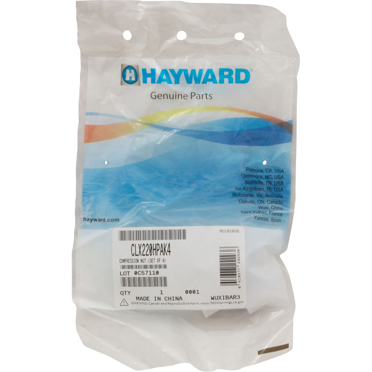 Compression Nut, Hayward Chlorinator CL200/CL220 Quantity 4 : CLX220HPAK4 - Hayward - 0610377242936 - PartsForSpas.com