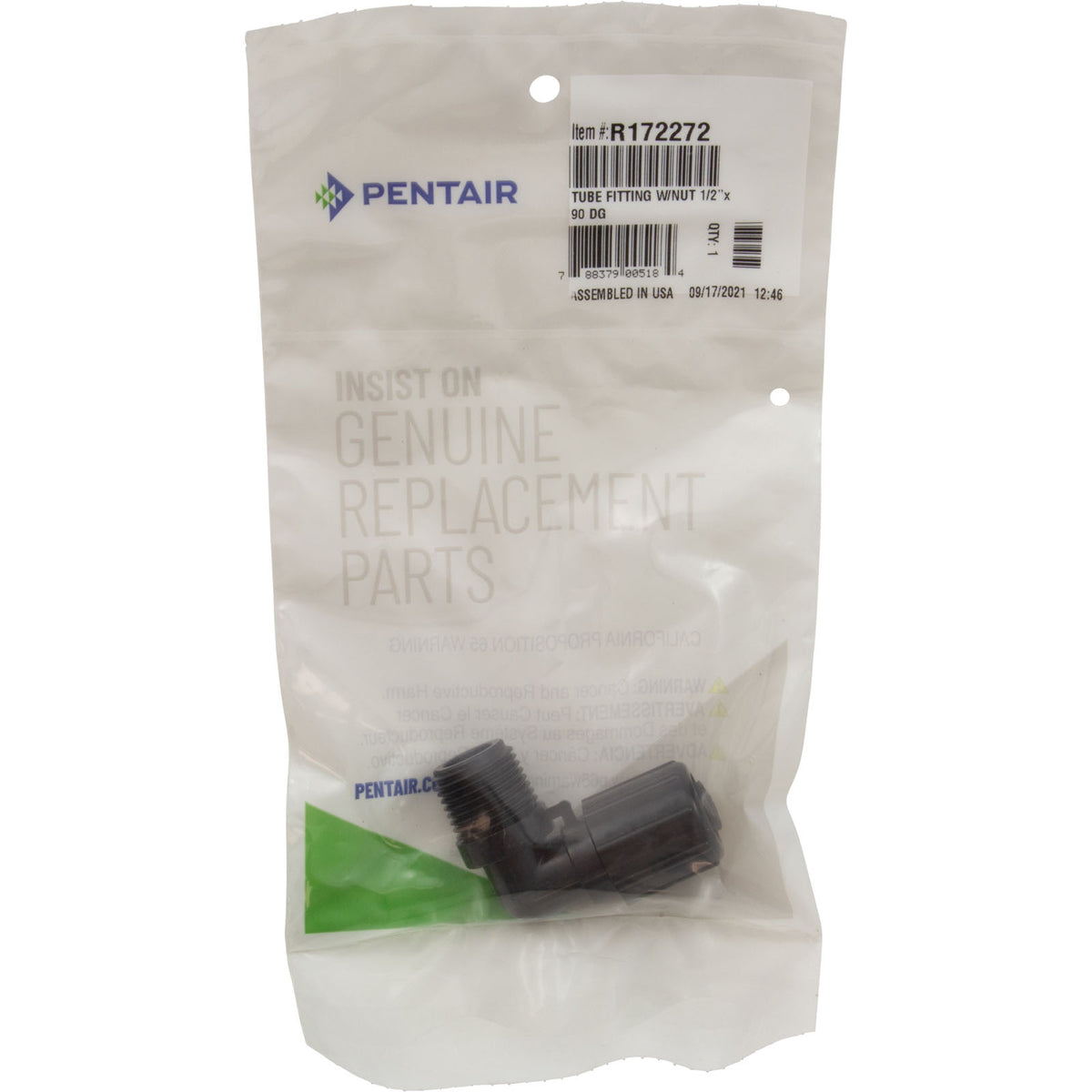 Tube Ftng, Pentair Auto.Feeder 300-29X, 320, 322, 1/2x 90 w/Nut : R172272Z