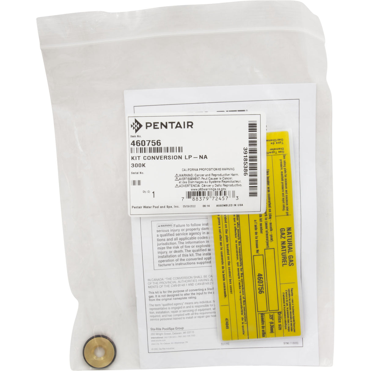 Conversion Kit, Pentair MasterTemp 300, LP to Nat. : 460756 - StaRite/Pentair - 788379724573 - PartsForSpas.com