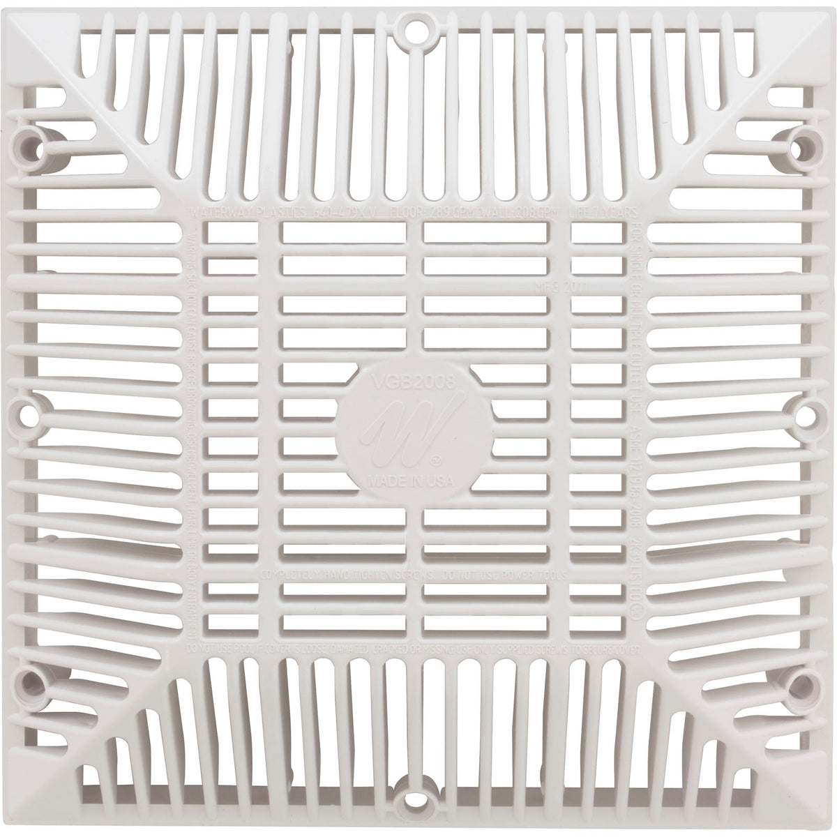 Main Drain Grate, Waterway 9" x 9" Square, White : 642-4790 V