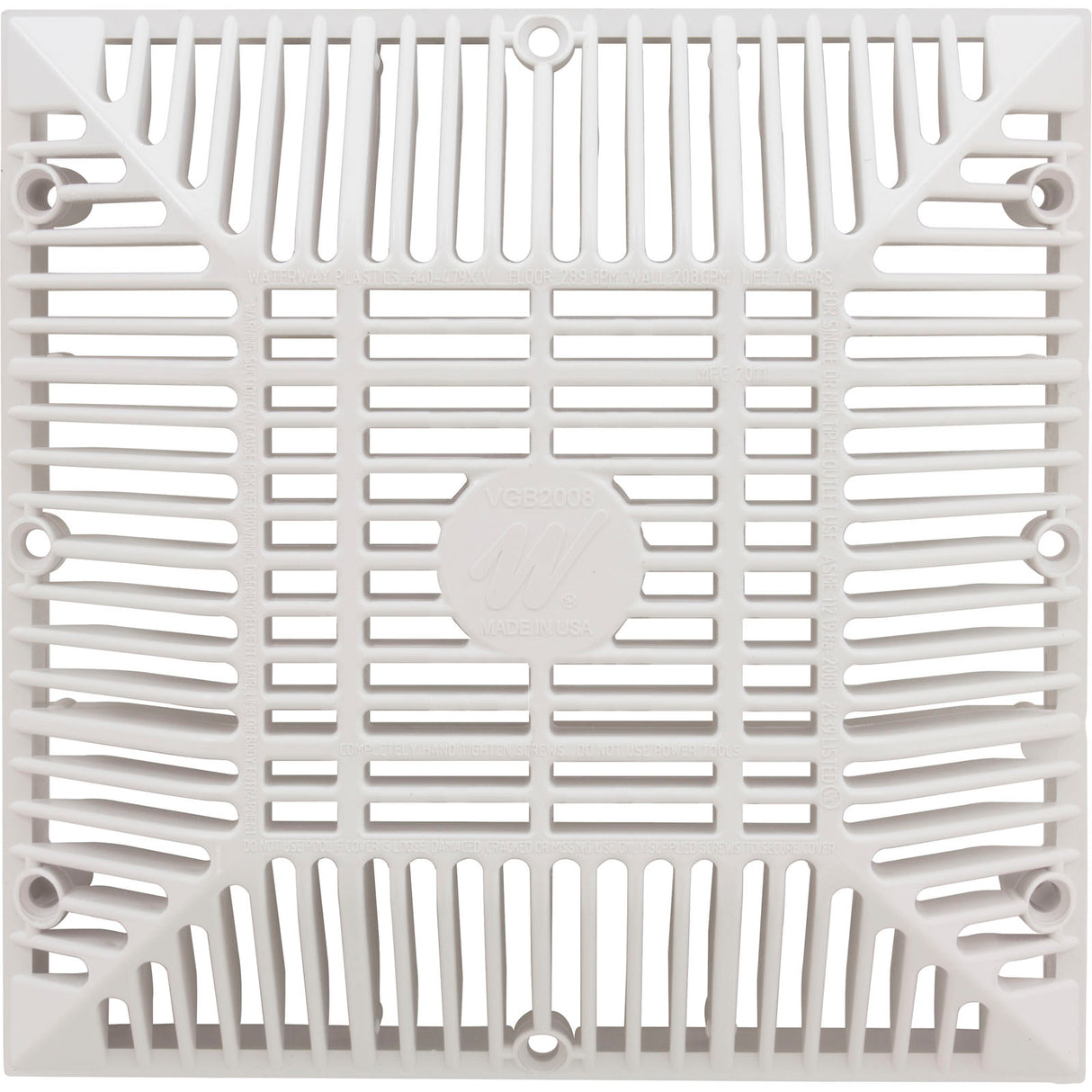 Main Drain Grate, Waterway 9" x 9" Square, White : 642-4790 V