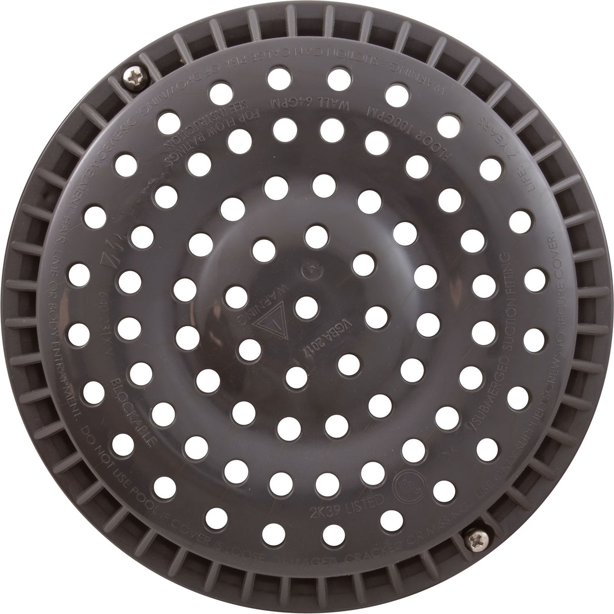 Main Drain Grate, WW Anti-Vortex, 8" Round, w/o Screws, Dk Gry : 642-2159-DKG V
