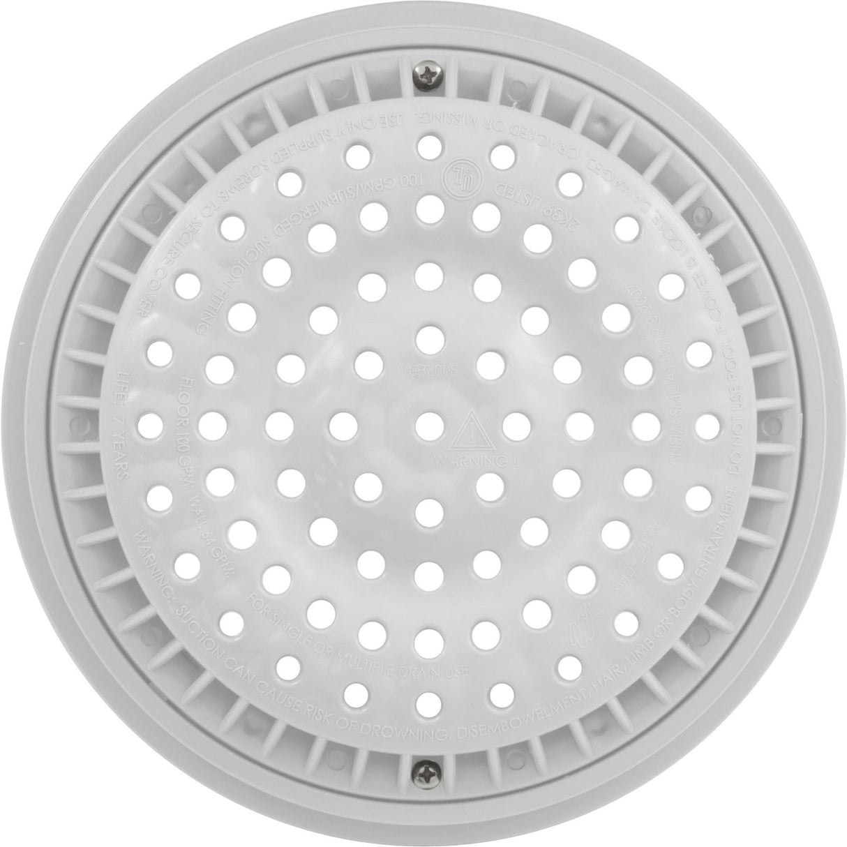 Main Drain Grate, WW Anti Vortex, 8" Rnd, w/Collar, White : 640-2310V