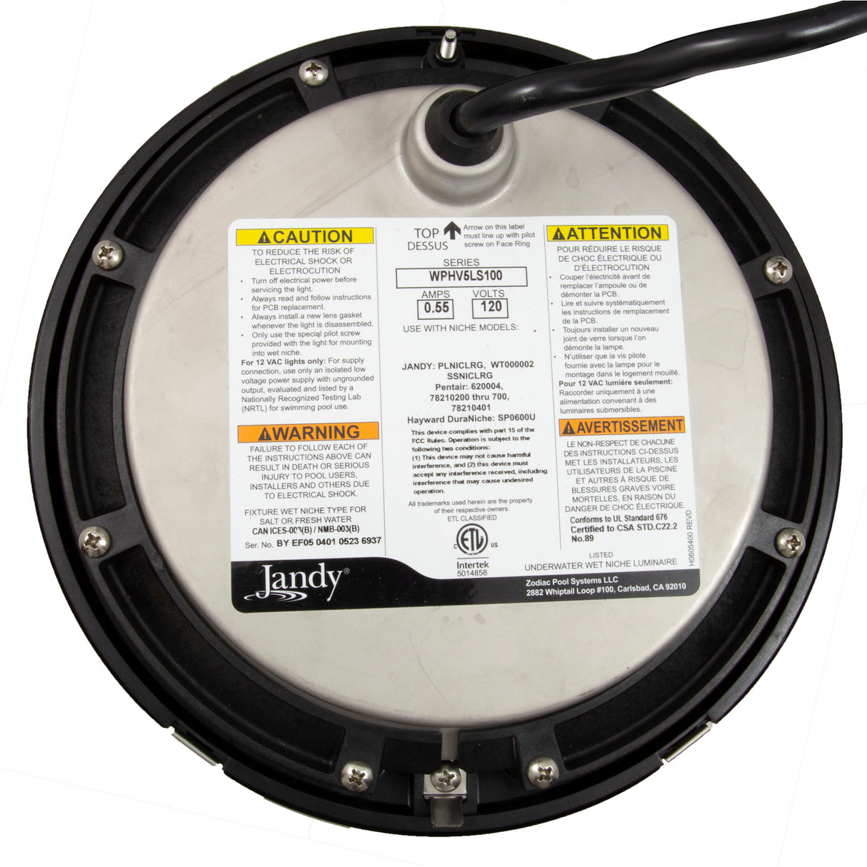 Pool Light, Jandy Niched White LED, 65W, 115v, 100ft, SS : WPHV5LS100