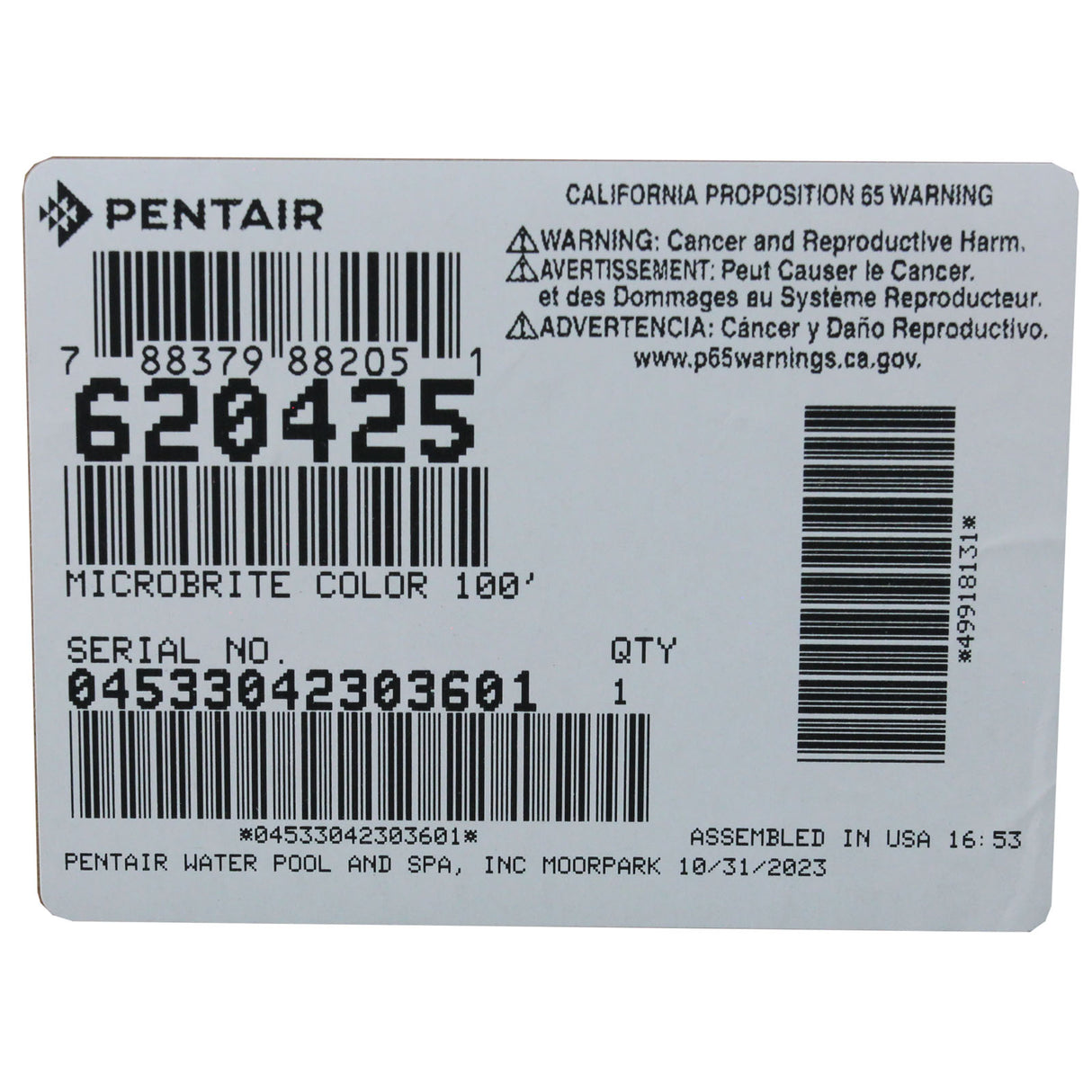Pool Light, Pentair Microbrite, Color LED, 12vac, 100ft Cord, TG : 620425