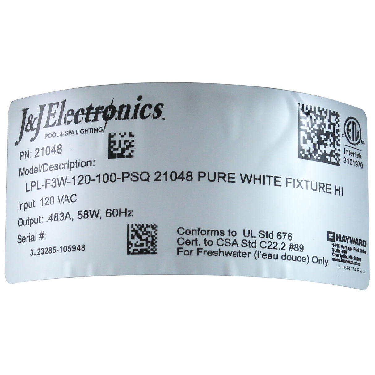 Pool Light, PureWhite LED, 115V, 58W, 100ft, 500W Equivalent, SQ : LPL-F3W-120-100-PSQ