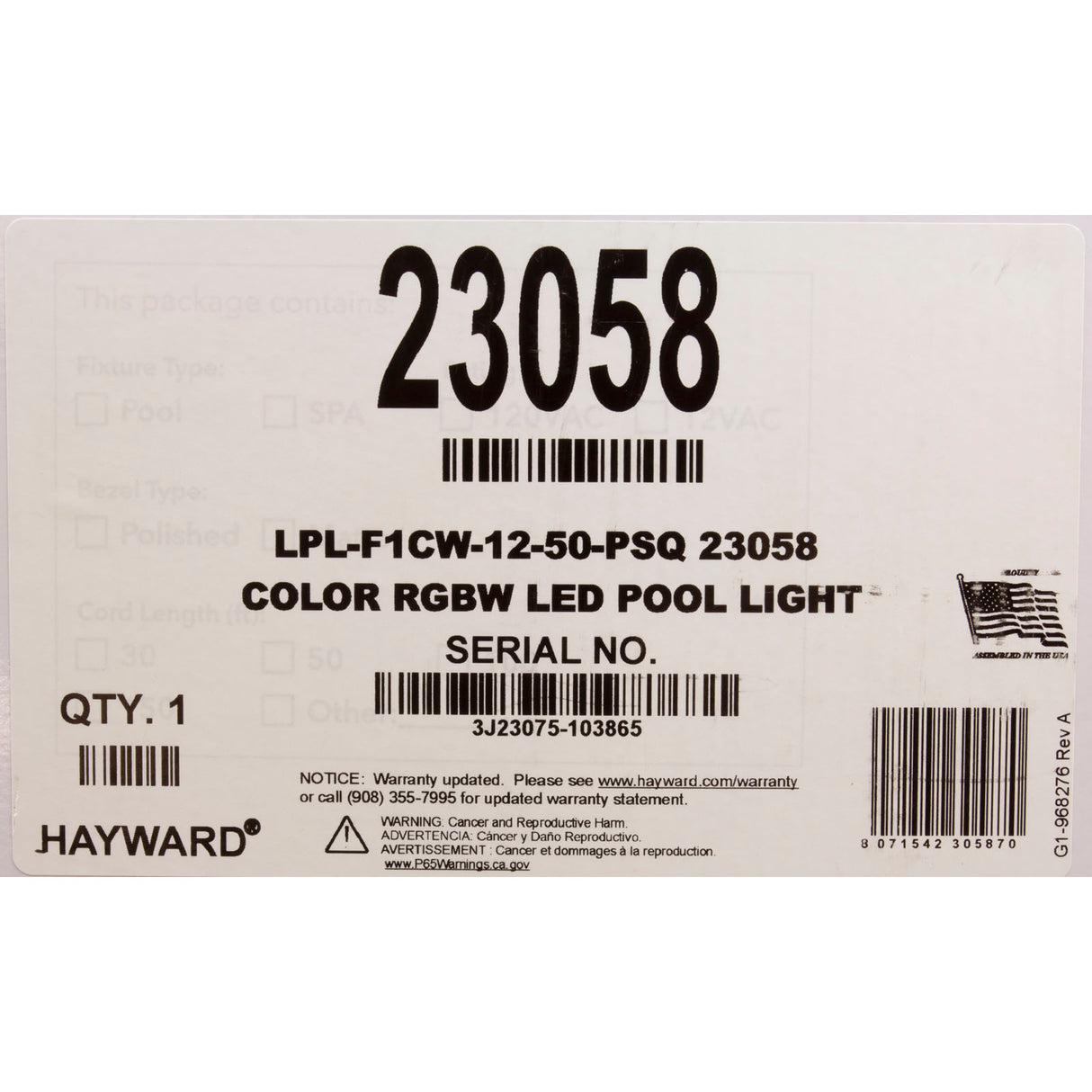 Pool Light, Color Splash XGW 300, RGBW LED, 12V, 39W, 50ft, SQ : LPL-F1CW-12-50-PSQ