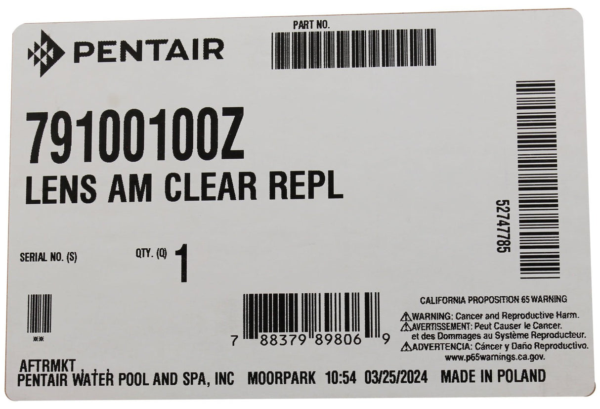 Light Lens, Pentair, Amerlite, Clear : 79100100Z - Pentair - 788379898069 - PartsForSpas.com