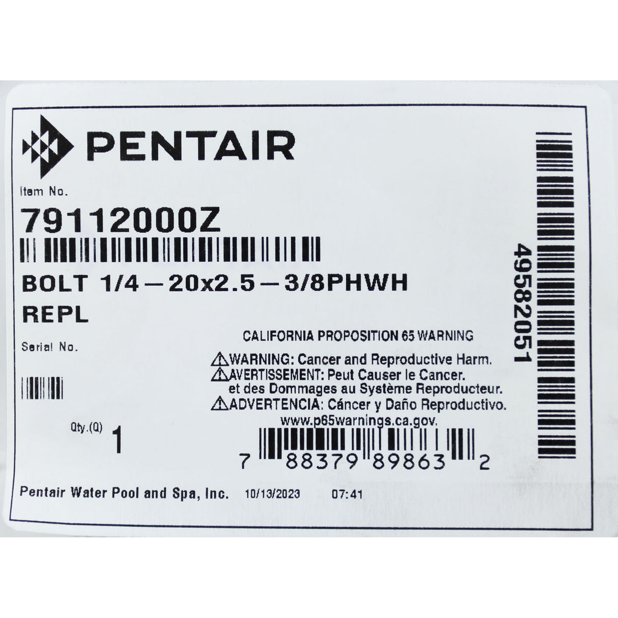 Bolt, Pentair Amerlite, 1/4-20 x 2.5-3/8, Pan Head, Washer : 79112000Z - Pentair - 79112000Z - PartsForSpas.com