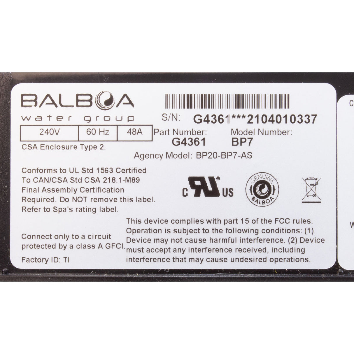Control Only, Balboa Water Group BP7, 4.0kW, w/ Plug-n-Click : G4361