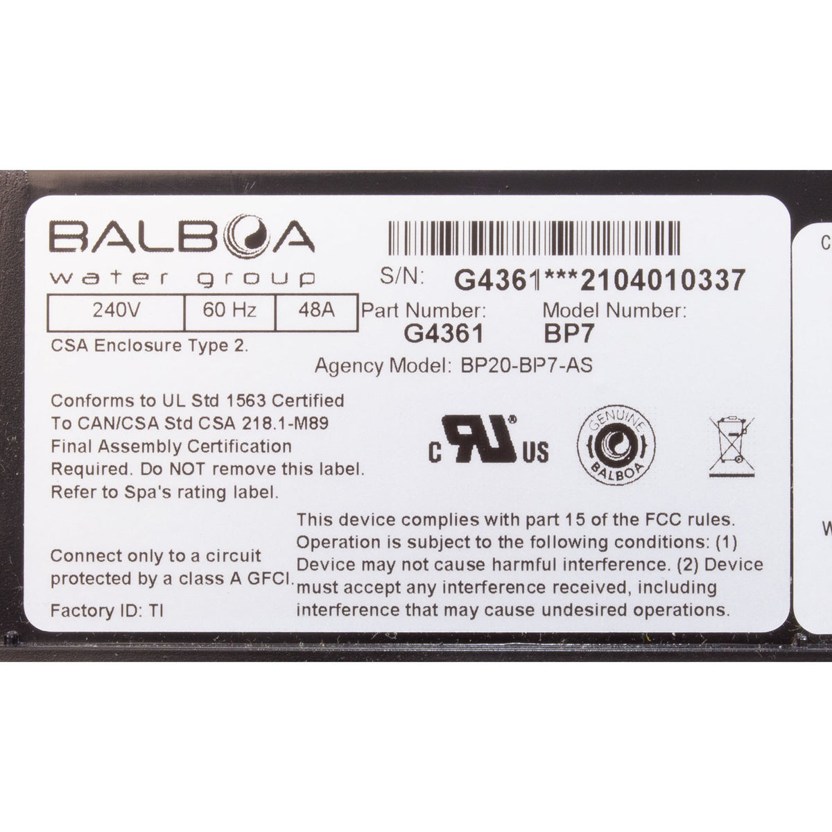 Control Only, Balboa Water Group BP7, 4.0kW, w/ Plug-n-Click : G4361