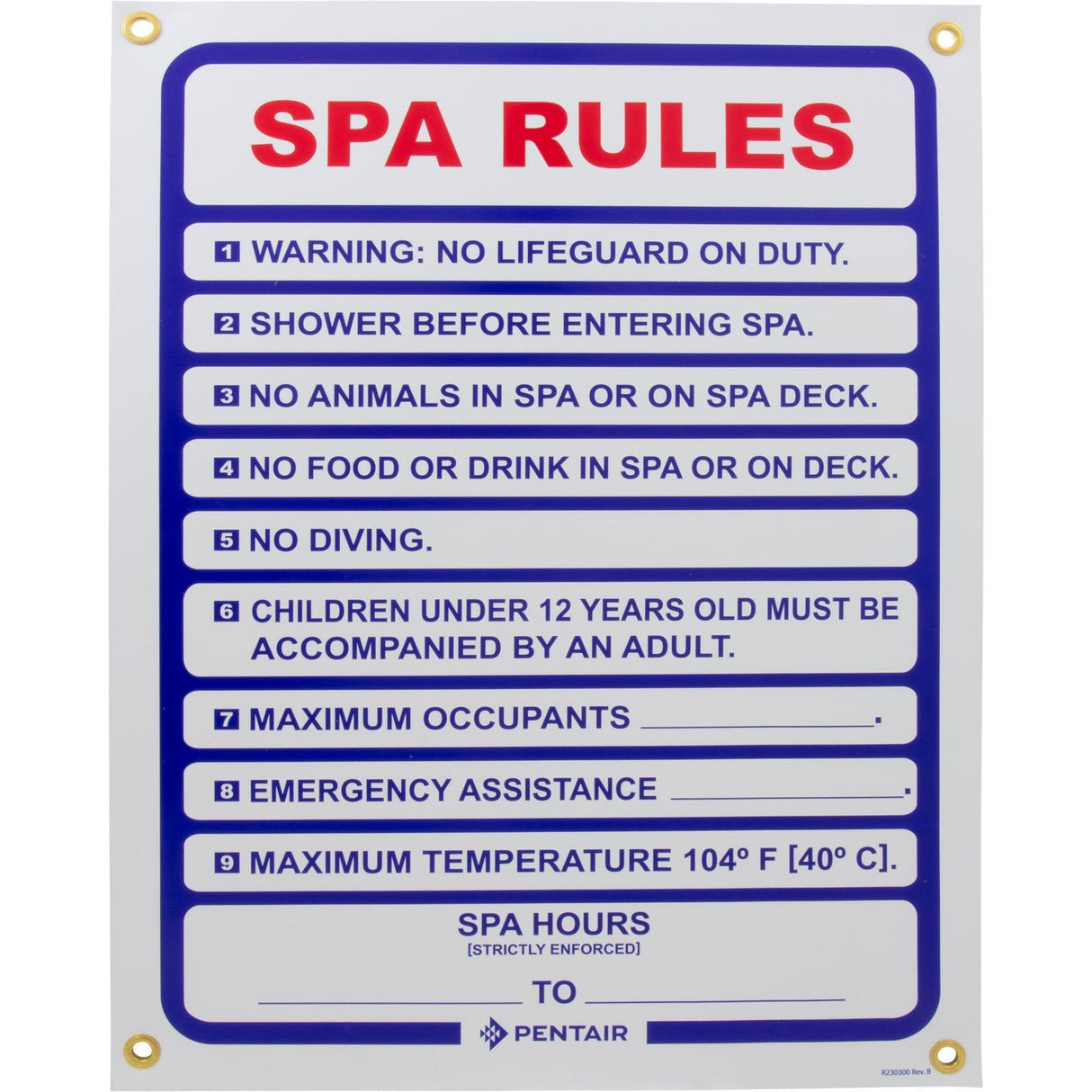 Sign, Spa Rules, 18" x 24" : R230300 - Pentair - 788379007935 - PartsForSpas.com