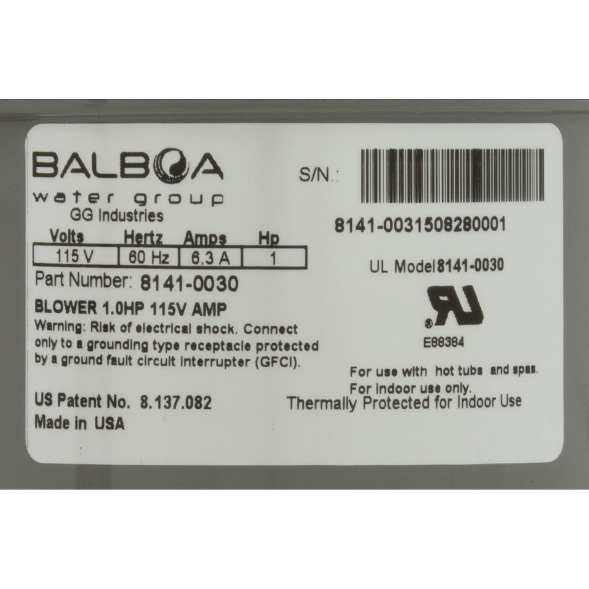 Blower, BWG Quiet-Flo, 1.0hp, 6.3A, 115V, Amp : 8141-0030 - Balboa Water Group - 8141-0030 - PartsForSpas.com