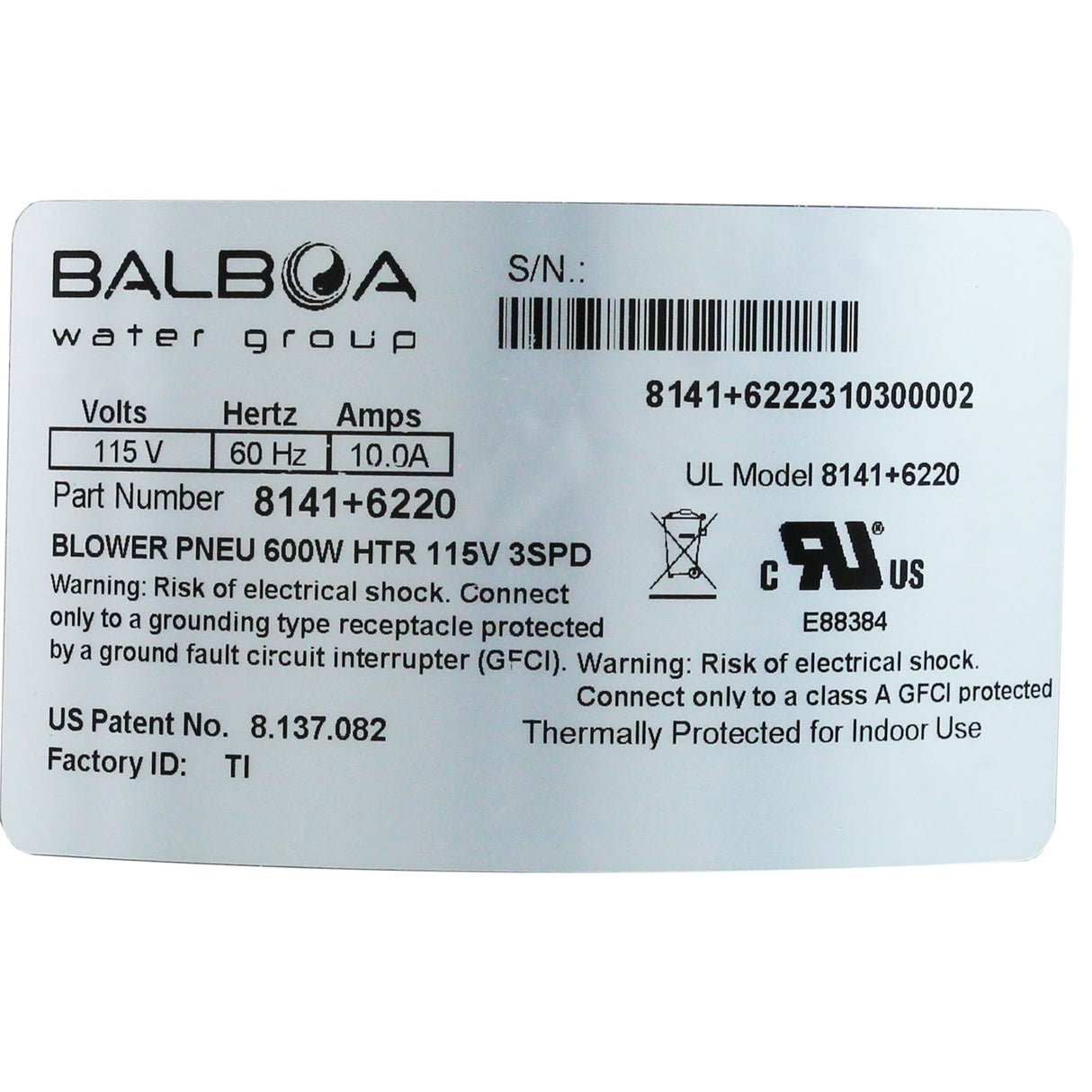 Blower Pneu 600W Htr 115V 3Spd (1) : 8141+6220 - Balboa Water Group - 8141+6220 - PartsForSpas.com