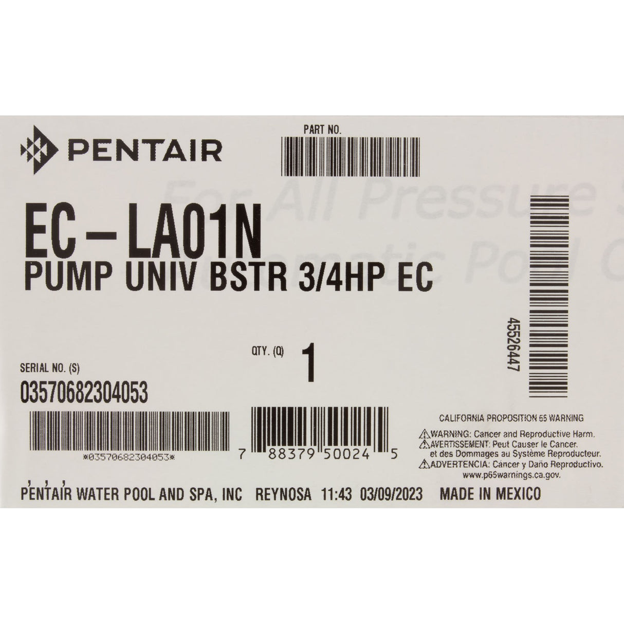 Pump, Booster, Pentair, 3/4hp, 115v/230v, E-Comm Only : EC-LA01N